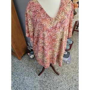 Maggie Barnes Woman's Plus 5X TunicBlouse Pink Beige Abstract Print Short Sleeve